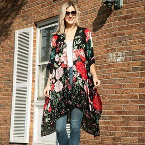 Flower Printed Cover Up Kimono Poncho